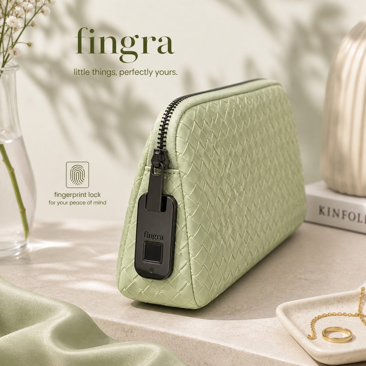 Light green pouch with fingerprint lock on a neutral background, featuring the 'fingra' brand.